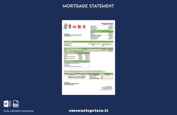 stile verificato Giappone Modello di estratto conto ipotecario della Senshū Bank